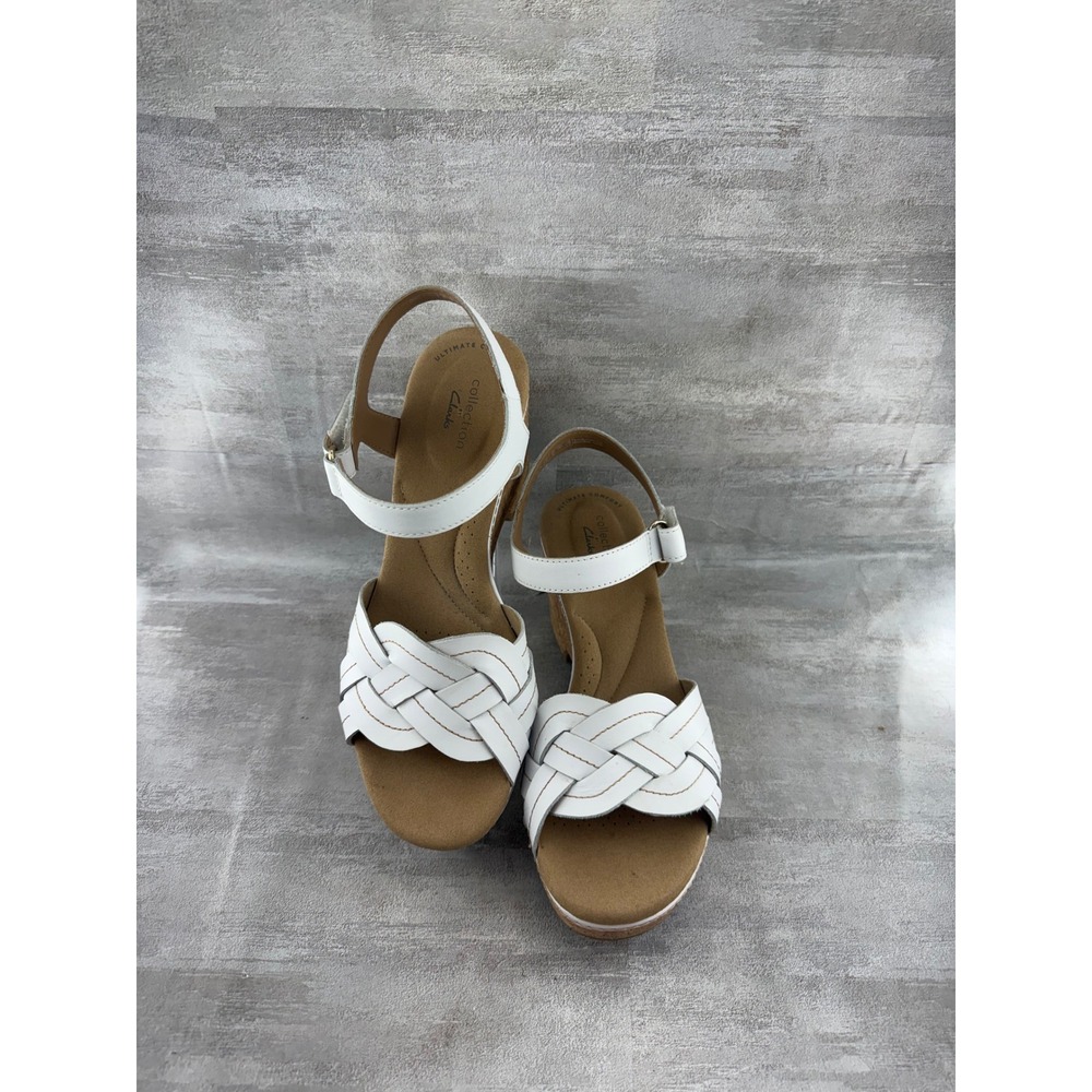 Clarks Collection White Leather Braided Wedge Sandals 261582084060 Women Sz 8.5M - Picture 2 of 11